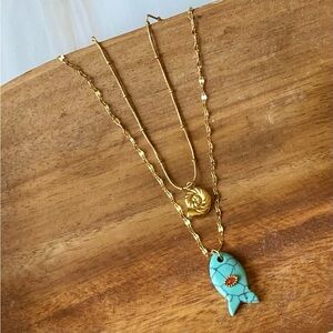 Stainless steel set of necklaces with seashell and Turquoise fish pendants